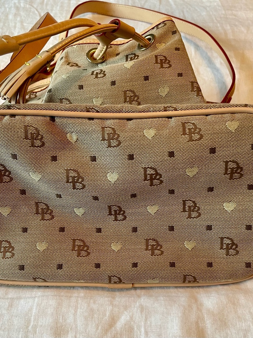 Dooney & Bourke Tan Monogram Drawstring Bucket Bag with Leather Trim - Picture 4 of 9